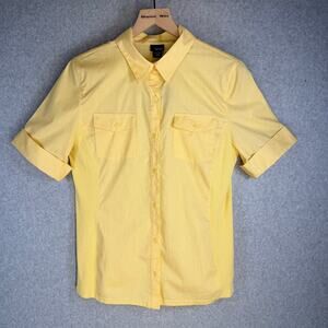 Basic Editions Women's Yellow Medium Cotton Roll Sleeve Button Up Top NWT